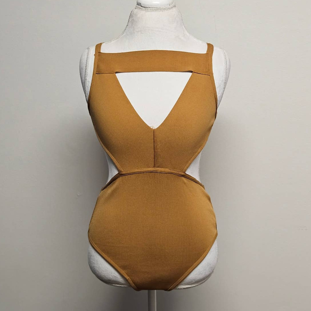 LuLus Yellow Gold BodySuit Leotard Snap Bottom Cutout Top Size Large